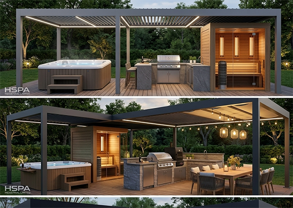 Integrated Outdoor Spa Pergola Hub: Hot Tub, Sauna
